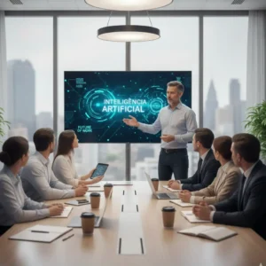 Reunião de empresa onde estão várias pessoas à volta de uma mesa e no centro está um formador a fazer uma apresentação sobre inteligência artificial