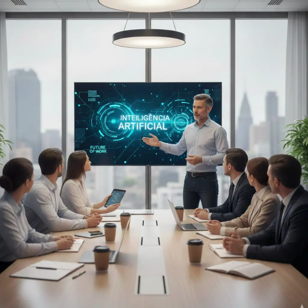 Reunião de empresa onde estão várias pessoas à volta de uma mesa e no centro está um formador a fazer uma apresentação sobre inteligência artificial